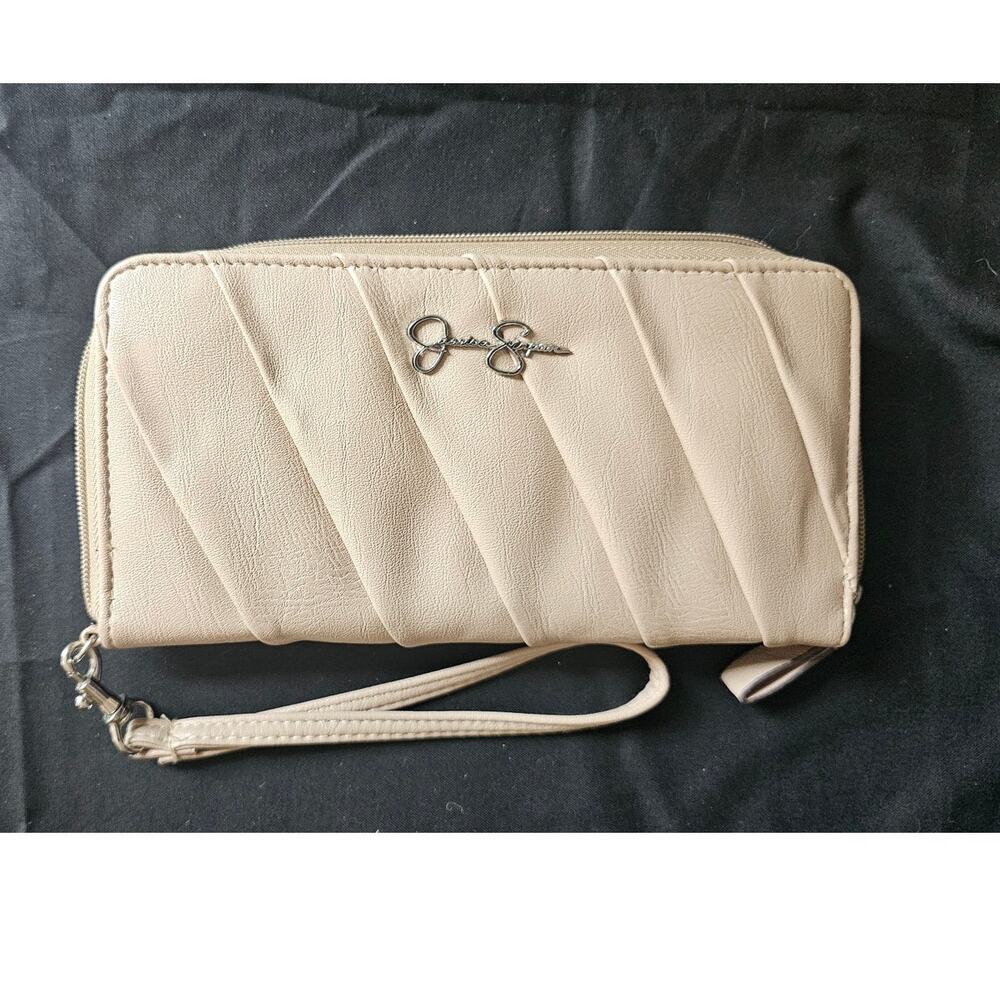 Jessica Simpson Beige Faux Leather Pleated Wristlet Wallet